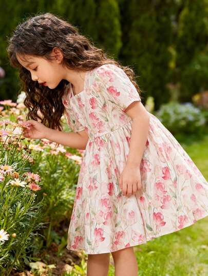 New Girls' Summer Short Sleeve Dress, Sweet Floral Print Mid-Length Dress For 4-9 Years Old Toddlers & Young GirlCute Children Clothing