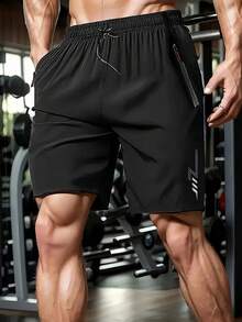 1pc Plus Size Men's Summer Quick-Dry Breathable Comfortable 4-Way Stretch Exercise Running Fitness Shorts Black - Black - View 1
