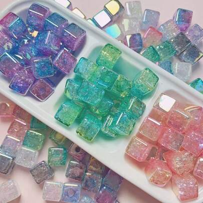 10 piezas de cuentas cuadradas de acrílico de 14 mm con degradado agrietado y chapado UV para hacer correas de teléfono DIY y joyería