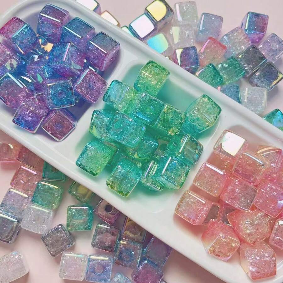 10pcs 14mm Acrylic UV Plated Cracked Gradient Square Beads For DIY Phone Straps, Jewelry Making - Bursting Blocks - View 1