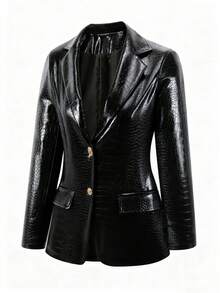 Women's Crocodile-Patterned PU Leather Suit Jacket - Elegant Retro Brown Fitted X-Shape Blazer With Single-Breasted Double-Button Closure, Long Pockets & PU Leather Coat For Professional, Office, Or Special Occasions (All-Season Wear) - 黑色 - 查看 4