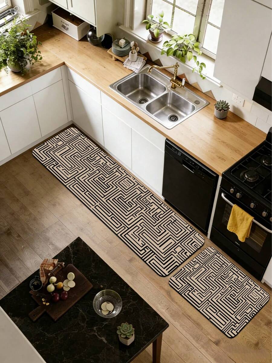 1pc Silica Gel Kitchen Mat, Milky White Background With Black Infinite Maze-Like Geometric Line Pattern, Composed Of Continuous Interlaced Spiral Lines Creating A Modern Maze Visual Effect, Retro Yet Minimalist Design, Kitchen Mat - Multicolor - View 1