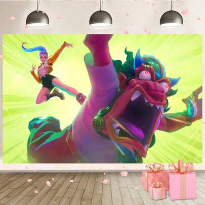 K-Pop 战斗怪兽绿色酷女孩主题儿童女孩派对场景生日派对背景横幅。非常适合主题墙面装饰、电子音乐节庆祝活动、房间装饰和展示道具。