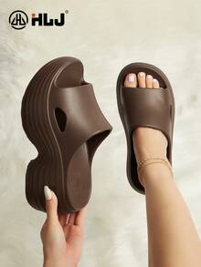 luofu New Summer Women Casual Minimalist Breathable Wedge Thick Sole Brown Sandals, Fashion Outdoor Beach Party High Heel Non-Slip Slippers - Brown - View 1