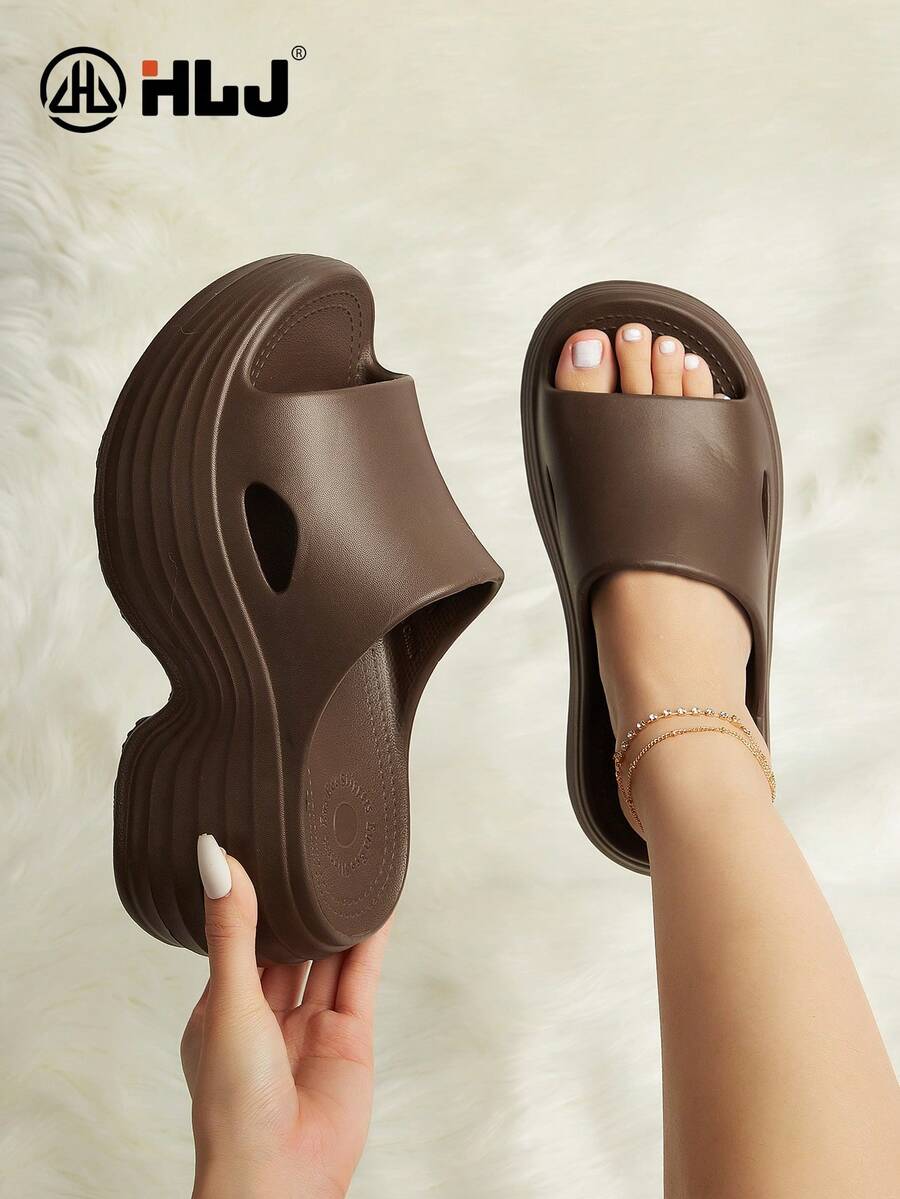 luofu New Summer Women Casual Minimalist Breathable Wedge Thick Sole Brown Sandals, Fashion Outdoor Beach Party High Heel Non-Slip Slippers - Brown - View 1