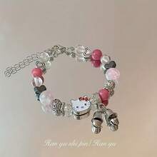 1pc Pink Kitty Beaded Bracelet, Fashionable Dopamine Cat Bell Charm Bracelet, Cartoon Bracelet, Ideal Gift For Best Friend Or Girlfriend, Lucky Charm Bracelet - Multicolor - View 6