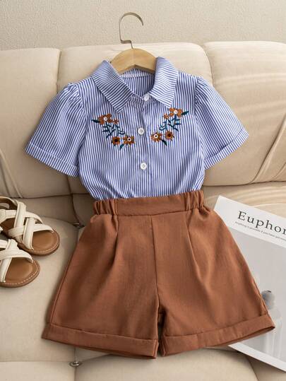 Young Girls Summer New Striped Floral Embroidery Short Sleeve Polo Shirt + Solid Color Casual Shorts Set, Suitable For Outdoor Wear