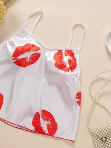 2件套白色吊带唇印女士睡衣套装 - 白色 - 查看 3