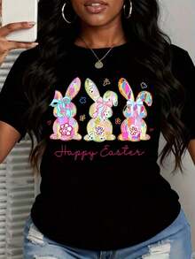 Women's Colorful Rabbit Easter Bunny T-Shirt, Spring Festival T-Shirt, Casual Daily Wear - Black - View 2