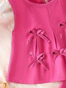 2pcs Baby Girls Cute Pleated Bow Sleeveless Top And Long Pants Set, Summer - Hot Pink - View 4