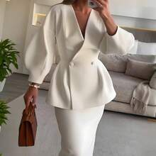 Autumn New Women's Fashion Solid Color Button Puff Sleeve Half Skirt Dress Set - sữa - Xem 2