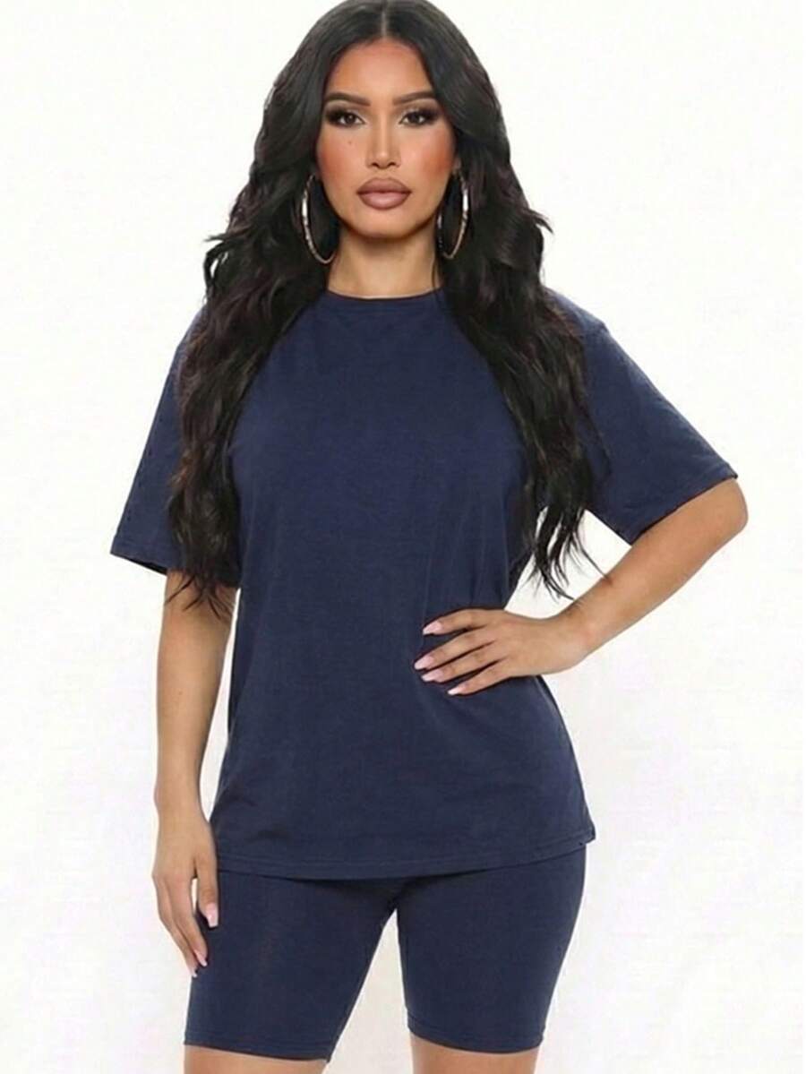 Conjunto de 2 piezas de top holgado y pantalones cortos de motociclista para mujer, cuello redondo, color liso, lavable a máquina, cómodo y básico para estar en casa en verano, primavera y otoño. - Marina de guerra - Ver 1