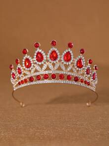 1pc Valentine's Day Red Crystal Rhinestone Tiara Gold Tone Bridal Crown - Red - View 2