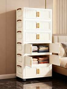 50cm/19.69 Inch Wide Folding Storage Cabinet, 1-6 Layers Optional, Thickened Double Door With Wheels, Freestanding Storage Rack For Home, Organizer For Clothes, Toys, Plastic Folding Storage Cabinet, Wardrobe, Kitchen Storage Rack, Portable Closet, Collapsible Shoe Cabinet, Drawer-Style Storage Cabinet - Cream - View 3