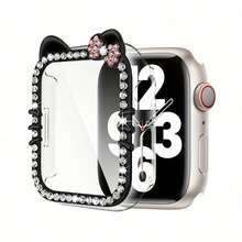 1pc Shiny Rhinestone Decor Fashionable Glamorous Cute Cat Ears Anti-Fall 2-In-1 Ultra-Thin Tempered Glass Screen Protector Watch Case, For Apple Watch 40/41/42/44/45/46mm, Series SE/10/9/8/7/6/5/4, Intelligent Watch Case Accessories - Multicolor - View 8