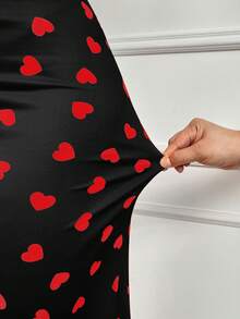 Women's Red Heart Print Spaghetti Strap Maxi Dress - Valentine's Day Edition, Fitted Mermaid Hem, Spring/Summer - Black - View 7