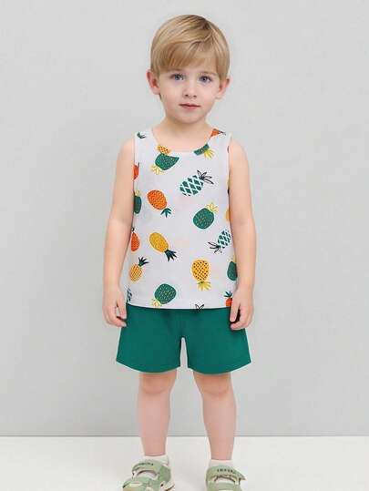 2pcs/Set Boys' Sleeveless Top And Shorts Set, Printed, Lightweight, Suitable For Summer, Outdoor Sports, Running, Fits Ages 4-12