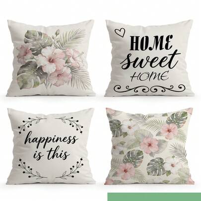 4pcs Countryside Floral & Turtle Leaf Pattern Decorative Pillow Covers, Single-Sided Printed Cushion Covers For Living Room, Sofa, Bedroom, Without Pillow Insert