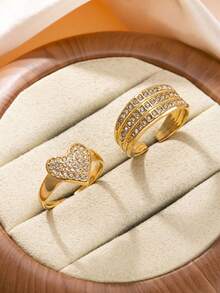 Set de 2 anillos de acero inoxidable con corazón y corazón de múltiples líneas con diamante de imitación, adecuado para uso diario o de fiesta de mujeres, regalo del Día de San Valentín - Juego de anillos - Ver 4