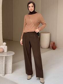 DAZY Women's Casual Solid Color Straight Leg Pants,Ladies Late Fall Casual Button,Pocket,Zipper High Waist Wide Leg Long Coffee Brown Loose Women Pants,Casual Daily Wear,Women Dress Pants,Teacher Pants - Coffee Brown - View 3