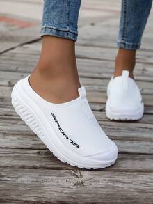 Baotou Slip-On Summer Mesh Breathable Lazy One-Piece Slip-On Half-Shoes With Anti-Slip Function For Outdoor Wear, Sporty Casual Women's Sandals, Beach Women's Shoes, Thick-Soled Canvas Shoes, Black And White Colors. Outdoor Anti-Slip Sport Sandals And Slippers. - White - View 2