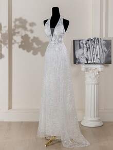 Deep V-Neck Romantic Lace Wedding Dress, Embroidered Floral Details, Minimalist Design - White - View 5