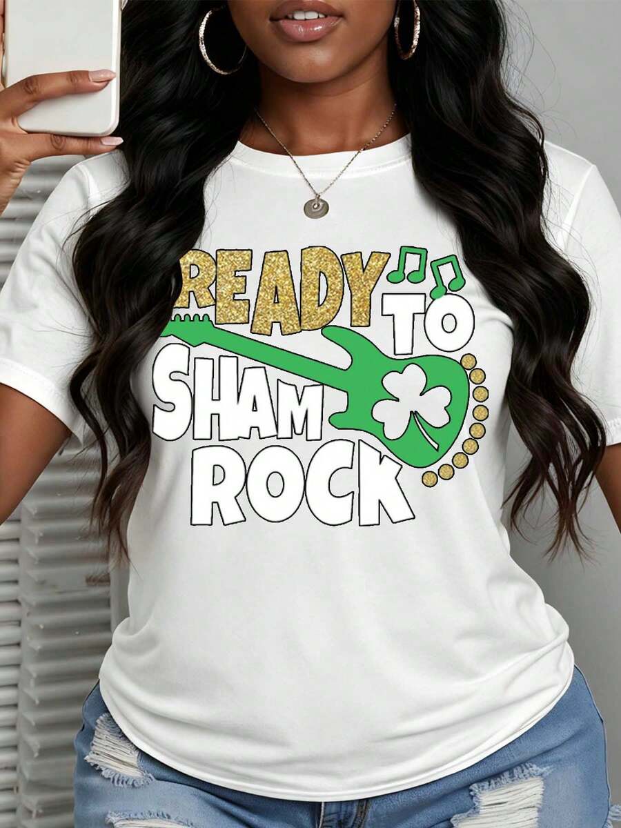 Women's Funny Crewneck Printed T-Shirt Ready To Sham Rock With Green Guitar And Clover Design 100 Percent Cotton Casual Tee For St Patricks Day Party Festival Gift Choice - 白色 - 查看 1