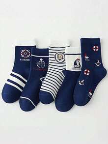 5 Pairs Spring New Ocean Theme Patterned Mid-Calf Socks, Cartoon Sailboat Print, Navy Blue, Suitable For Men, All Seasons - Multicolor - View 9
