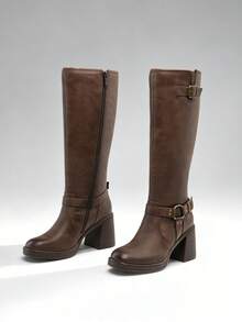 Women's Platform Chunky Heel Knee-High Boots Square Toe Fashionable Platform  Solid Color Y2K Buckle Tall Boots - màu nâu - Xem 1