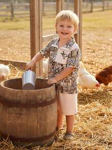 2Pcs Duck Hunting Baby Clothes Toddler Boy Summer Outfit Camouflage Print Short Sleeve T Shirt Ang Shorts Set - Apricot - View 2