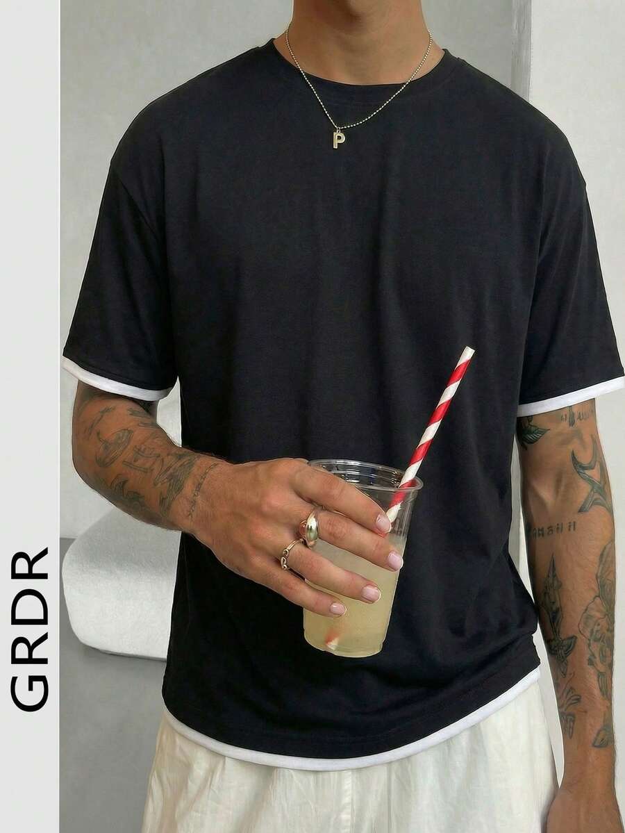 GRDR Camiseta de manga corta con cuello redondo clásica para hombres, minimalista y versátil para el transporte - Negro - Ver 1