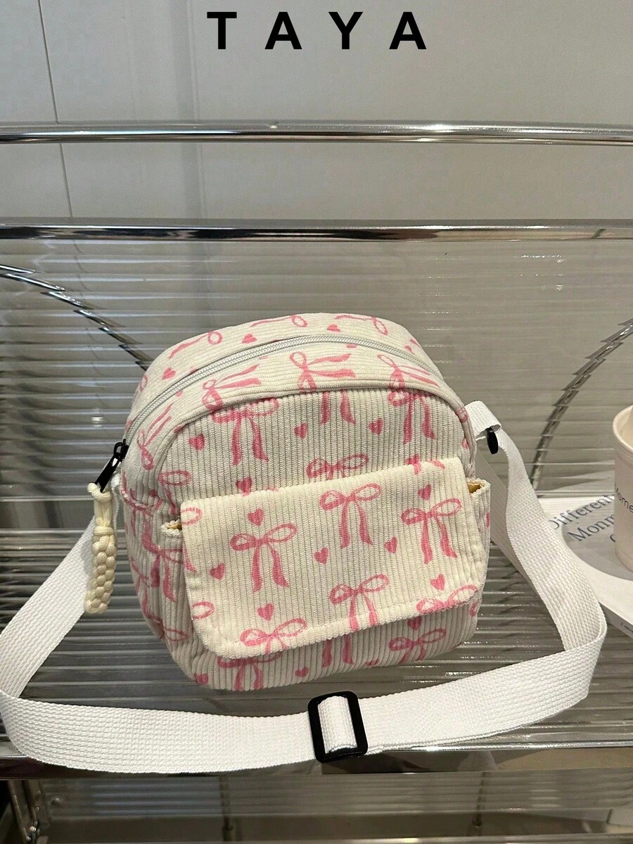 Multi-Pocket Mini Bow Corduroy Portable Commuter Zipper Fashion Casual Versatile Shoulder Bag/Crossbody Bag, Suitable For Women's Daily Use - White - View 1