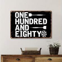 復古飛鏢主題金屬裝飾牌「One Hundred And Eight」勵志裝飾，12"X8"，古風黑白設計，飛鏢與靶心插圖，適用於居家、酒吧、遊戲室，款式如尺寸表所示 - 彩色 - 查看 3