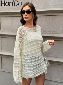 Hon'Do 2026 Spring & Summer Vacation Carnival Hollow-Out Blouse, Fashionable Women's Dropped Shoulder Knit Fabric Sweater, Hollow-Out Details, Semi-Sheer Long Sleeve Crew Neck Top - White - View 6
