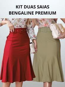 Set Of 2 Women's Midi Skirts, Formal, Evangelical, Elegant Secretary Style, With Belt And Elastane - 紅+綠 - 查看 10