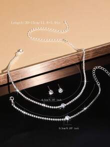 1pc Women's Rhinestone Necklace, 1pair Clear Rhinestone Earrings, And 1pc Rhinestone Tennis Bracelet Set, Fashionable & Versatile Accessories For Formal Occasions - Silver - View 2