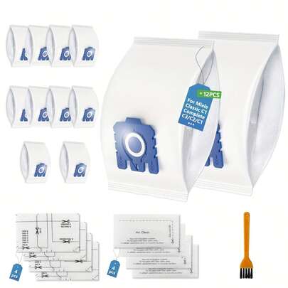 12pcs Vacuum Cleaner Bags Compatible With Miele C1 Classic, C3/C2/C1 Complete, S227, S270, S400i, S600, S800, S2000, S5000, S8000, S2, S5, S8, C1/C2 Compact Series, With 8pcs Filters Included