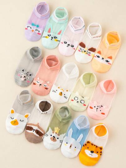 Random 1/5/10 Pack Of Children's Short Socks Made Of Glass Fiber Material With Animal Patterns. The Design Is Cute And The Fabric Is Breathable And Comfortable. Suitable For Wearing In Spring And Summer.
