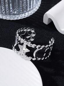 1pc Fashionable Versatile Star, Moon & Geometric Open Bangle Bracelet For Women, Everyday Wear - Silver - View 4