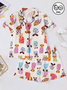 2pcs Tween Girl Pajama Set, Cute Colorful Dog Print Design, Loose Fit Short Sleeve Shorts, Casual Outfit With Turndown Collar Cardigan, Suitable For Boys And Girls, Everyday Wear, Sleepovers, Holidays - White - View 13