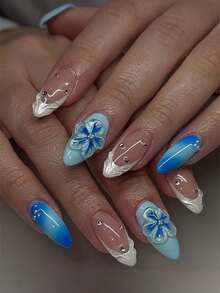 24片法式3D花朵图案假指甲，蓝色美甲，艺术美甲，适合日常佩戴 - 彩色 - 查看 1