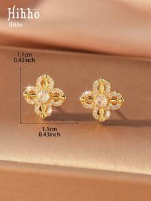 Hihho 一对时尚铜质立方氧化锆四叶草樱花耳钉，优雅简约女士耳环 - 四葉草 - 查看 7
