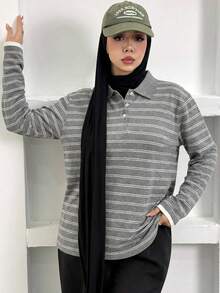 Livesso Women's Loose Fit Contrast Striped Polo Collar Long Sleeve Casual Knit Sweater, Spring/Autumn - Grey - View 5