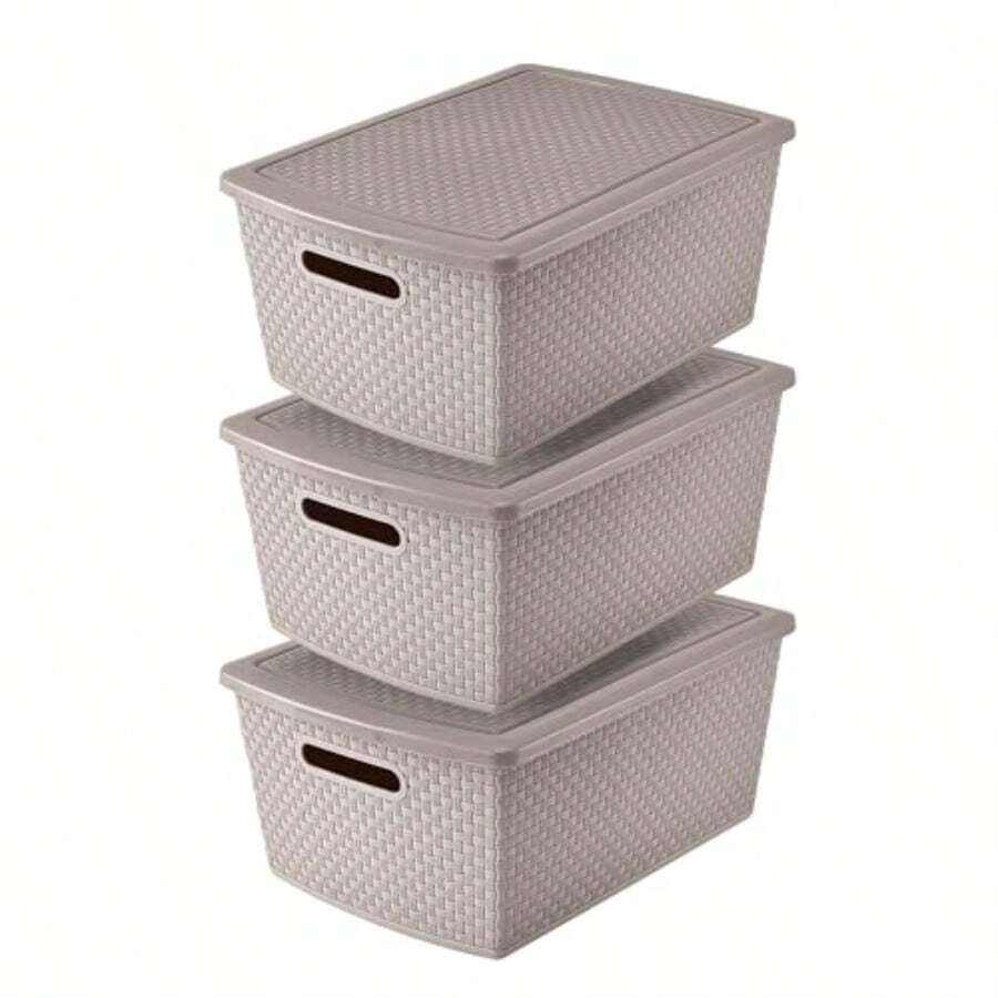 organizador de cocinaGuateplast - Set de 3 Cestas de Almacenamiento Plásticas de 22 Litros Contenedores Plásticos para Organizar el Hogar Organizadores Cajas de Plástico Cajas de almacenamiento Color Beige - Beis - Ver 1