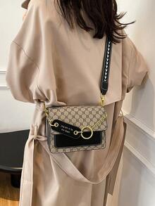 Retro Fashion Chic Niche One Shoulder Diagonal Underarm Wide Strap High-Quality Floral Print Double-Layer Women Small Square Bag - Grey - View 6