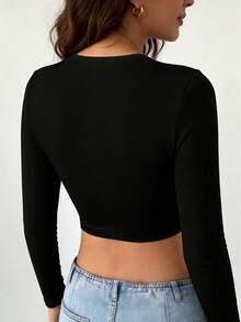 PETITE 女式纯色休闲基础款T恤，女式运动内衣，女式上衣，女装，女式T恤 - 黑色 - 查看 2