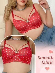 MIMILEMON Plus Size Red Heart Print Underwire Push Up Bra - Wide Straps & Cute Valentine's Style - Red - View 4