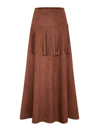ii Women's Western Style Casual Vintage Fringe Maxi Skirt