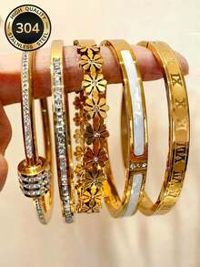 2026新款304不锈钢镀18K金首饰，无需担心生锈或褪色，罗马数字、珍珠母贝、全钻或花卉设计，优雅百搭，适合情人节、母亲节、生日、毕业典礼、友谊纪念日等场合。 - 金色 - 查看 13