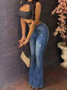 女士休闲长款喇叭牛仔裤，带纽扣口袋和拉链细节，中等弹力面料 - 藍色 - 查看 3